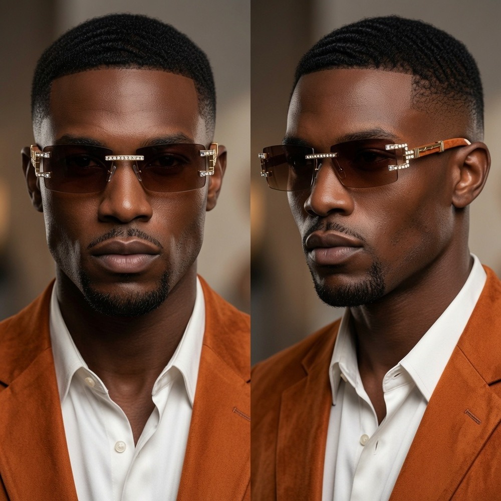 Square‎ Sunglasses Rimless Brown Lens Wood Grain Legs Fashion Men Hip Hop Retro